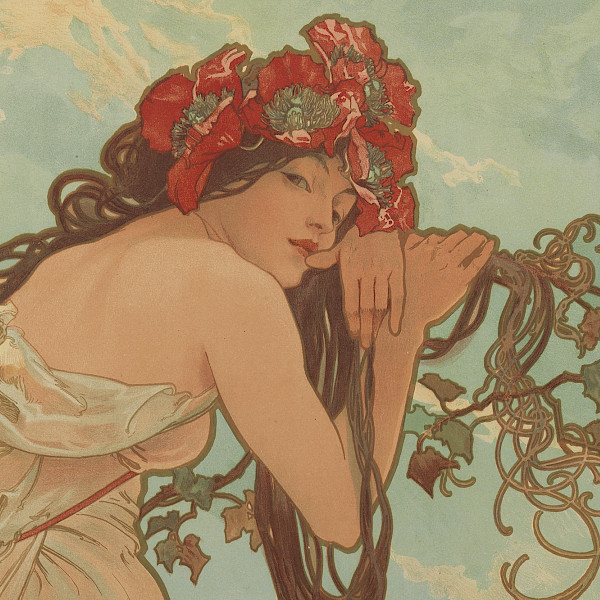 Detail photo of a color lithograph by Alphonse Mucha depicting a woman wearing a flower headdress and hanging on a vine.