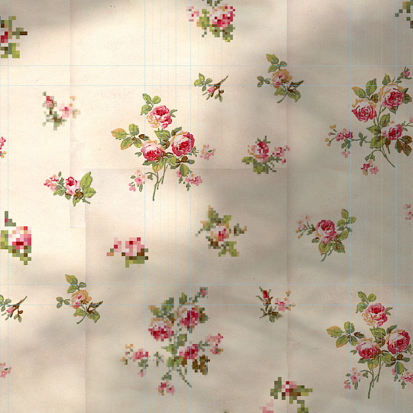 Still of an animation depicting a series of pink flowers on an offwhite background where some are pixelated.