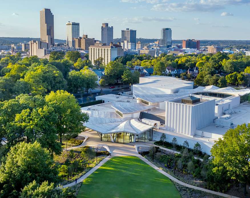 Aerial photo of AMFA with a view of Downtown Little Rock in the background.