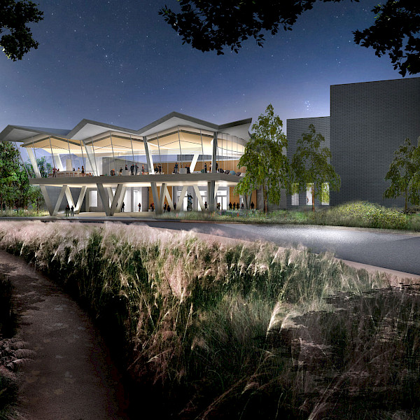 Nighttime view from downtown Little Rock of the Arkansas Arts Center’s new north entrance. A new plaza opens the historic 1937 façade onto Crescent Drive. Above, the Cultural Living Room acts as a community gathering and event space. Image courtesy of Studio Gang and SCAPE.