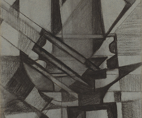 Jeanne Rij-Rousseau (Candè, France, 1870 - 1956, Savigny-sur-Braye, France), "Dessin (Drawing)," circa 1912, charcoal with traces of orange crayon on blue laid paper, 21 3/8 × 12 1/2 in. Arkansas Museum of Fine Arts Foundation Collection: Gift of John and Robyn Horn. 2016.010.006.ab.