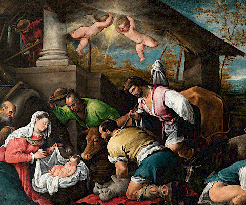 Francesco Bassano II (Bassano del Grappa, Italy, 1549 - 1592, Venice, Italy), "Adoration of the Shepherds," circa 1580, oil on canvas, 37 x 52 in., Arkansas Museum of Fine Arts Foundation Collection: Gift of the Samuel H. Kress Foundation. 1934.001.