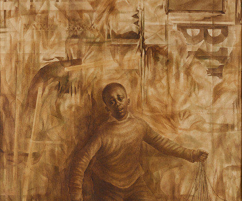Charles White (Chicago, Illinois, 1918 - 1979, Los Angeles, California), "Children's Games II," 1976, oil on paper mounted to board, 54 5/8 × 47 1/2 in., Arkansas Museum of Fine Arts Foundation Collection: Purchase, Tabriz Fund and Museum Purchase Plan of the NEA. 1978.013.004.