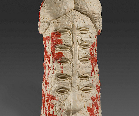 Raven Halfmoon (Norman, Oklahoma, 1991 - ), "Do You Practice Your Culture?," 2019, stoneware and glaze, 62 x 20 x 38 in., Arkansas Museum of Fine Arts Foundation Collection: Purchase. 2021.007.001. Photography by Edward C. Robison III.