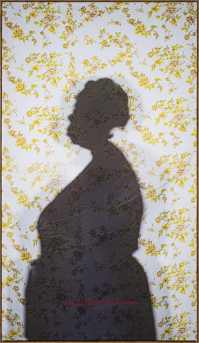 Letitia Huckaby (Augsburg, Germany, 1972 - ), "Ms. Woods," 2022, pigment print on fabric with embroidery, 71 x 41 x 1 7/8 in., Courtesy of the artist and Talley Dunn Gallery.