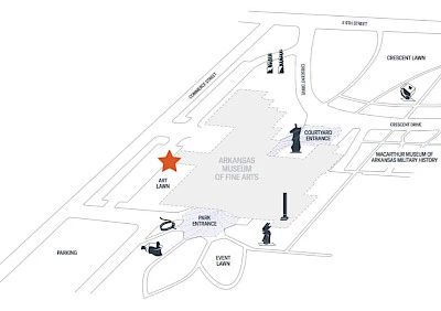 Photo of a map of the AMFA grounds with an orange star at the Windgate Art School entrance.