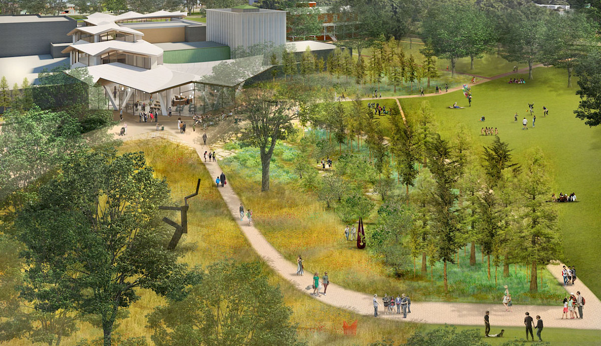 Landscaping View from the South: This aerial view shows how the reimagined Arkansas Museum of Fine Arts creates new pathways and connections to MacArthur Park. The design includes a new restaurant with outdoor shaded seating, walking paths, and a great lawn. Over time, a tree canopy will develop, creating a true “Museum in a Park.” Image courtesy of Studio Gang and SCAPE.