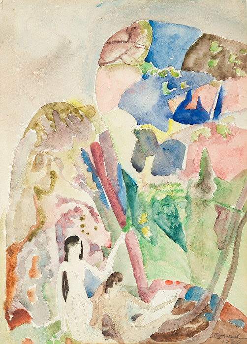 William Zorach (Eurbick, Lithuania, 1887 - 1966, Bath, Maine), "Figures in a Landscape (Yosemite)," 1920, watercolor over graphite on paper 13 1/2 x 10 1/8 in. Arkansas Museum of Fine Arts Foundation Collection: Purchase, Tabriz Fund. 2015.021.