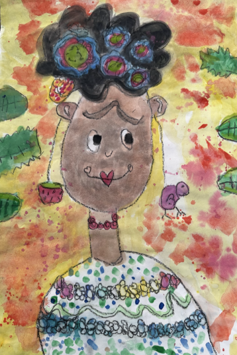 Blakely M., "Frida Kahlo," crayon and watercolor, Second Grade, Carolyn Lewis Elementary, Art Educator: Michelle Sutterfield.