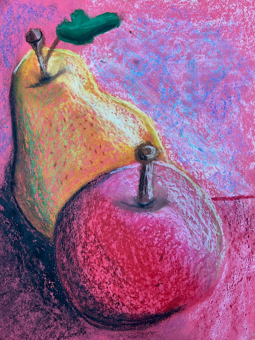 Best In Class & Teacher's Choice: Amari M., "The Apple and The Pear," oil pastel on construction paper, Second Grade, Wakefield Elementary, Art Educator: Cheryl Compagna.