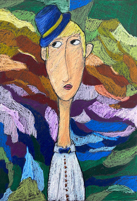 Teacher's Choice: Trey W., "Modigliani Me...Lost in Thought," oil pastels, Fifth Grade, The Anthony School, Art Educator: Graeme Ellzey.