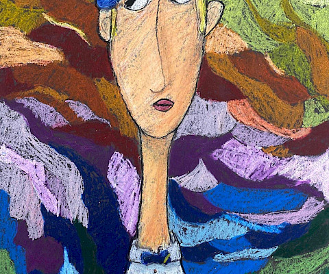 Teacher's Choice: Trey W., "Modigliani Me...Lost in Thought," oil pastels, Fifth Grade, The Anthony School, Art Educator: Graeme Ellzey.